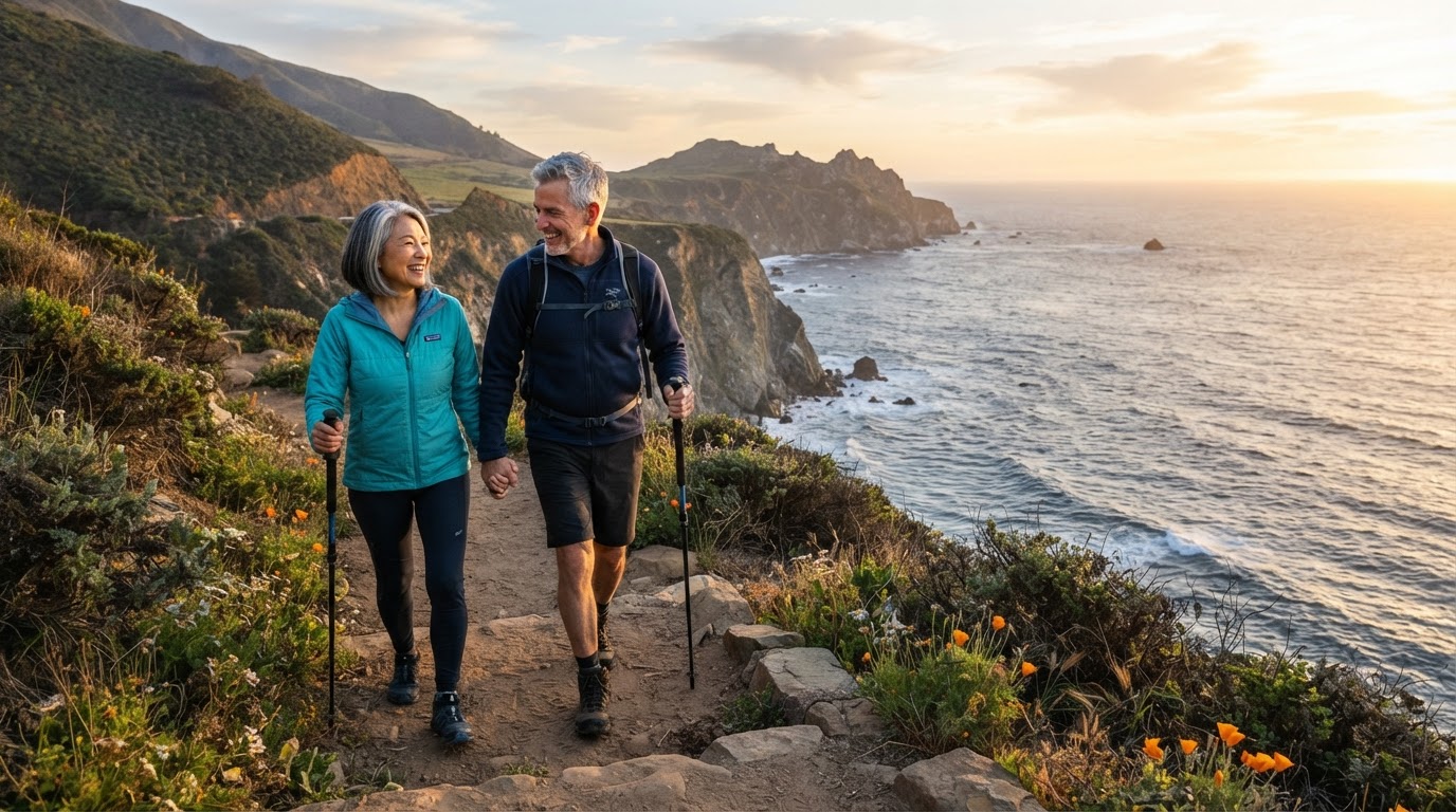A happy, active couple in their 60s hiking a scenic coastal trail, representing adventure and possibility after 50