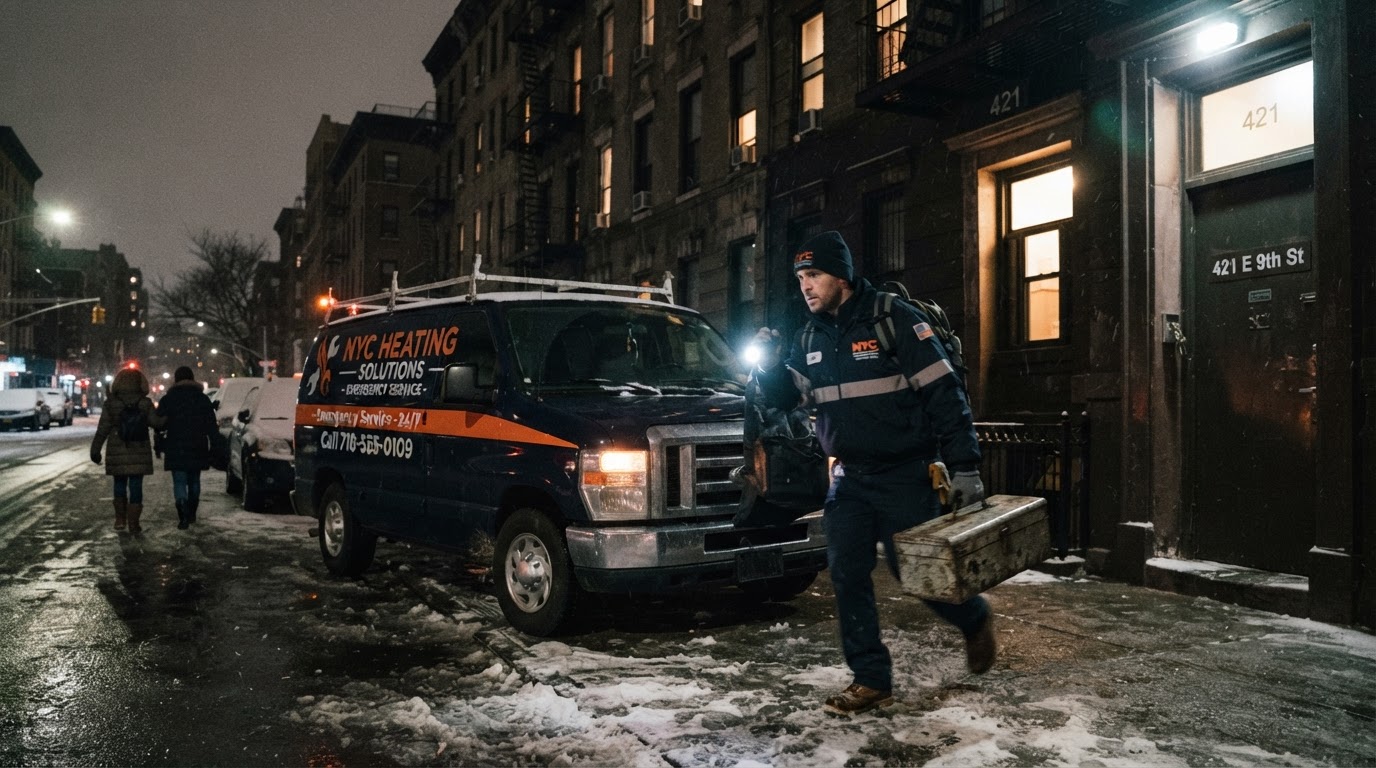 Emergency heating technician responding to a NYC call at night
