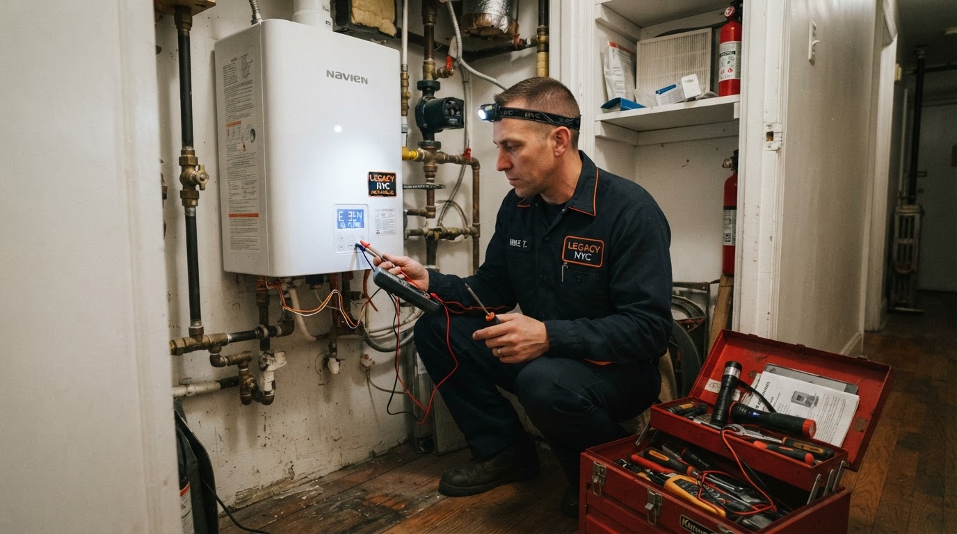 Boiler repair technician working on a commercial boiler in a NYC basement