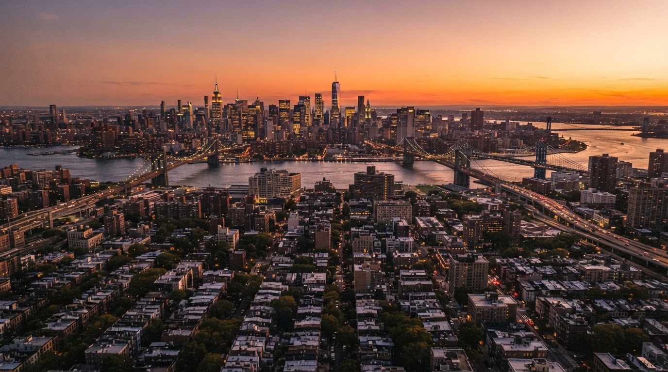 New York City skyline at dusk showing all five boroughs