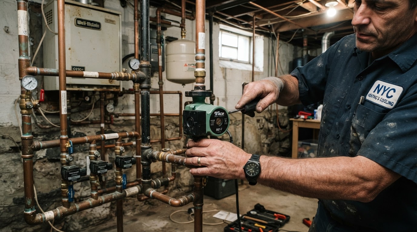 Hydronic hot water heating system with circulator pumps
