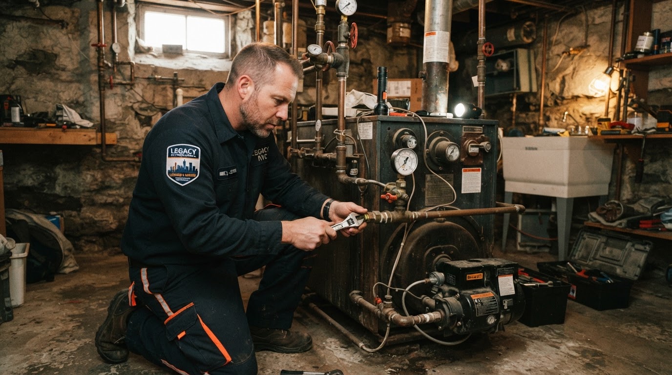 Boiler repair technician working on a residential boiler in a NYC brownstone basement