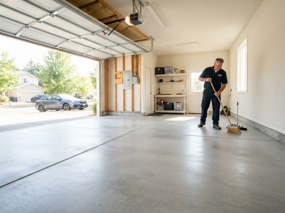 Spotless swept empty two-car garage after a full cleanout in Plano TX