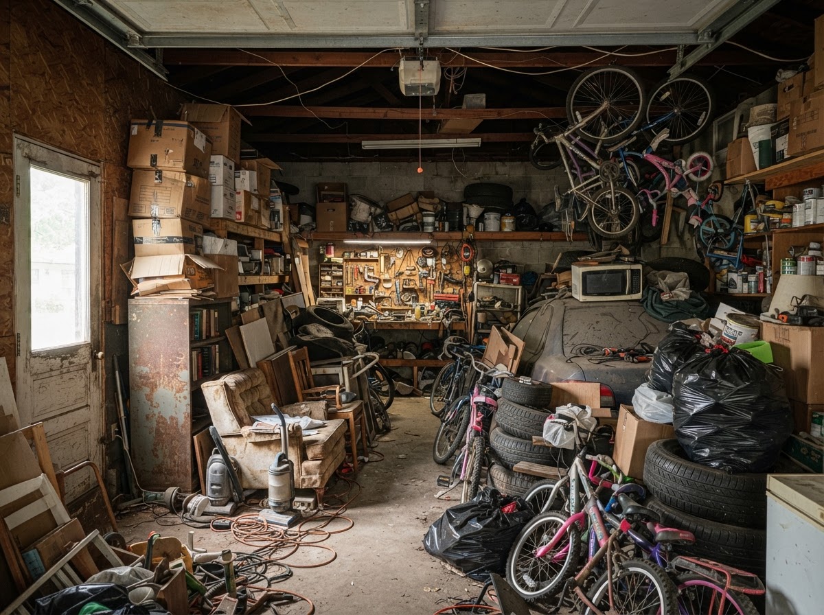 Cluttered two-car garage packed with junk before GPR cleanout