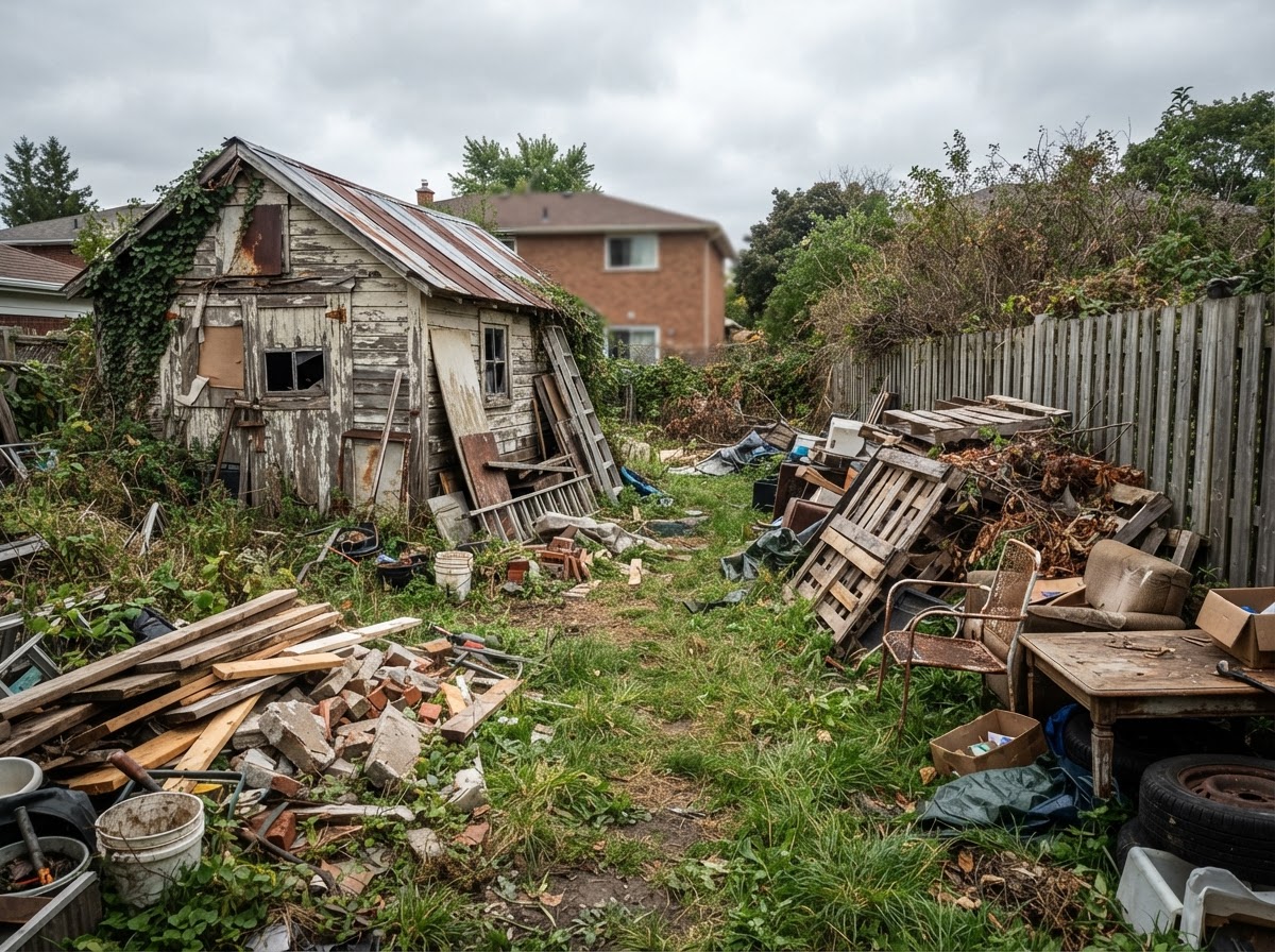 Backyard with old shed and construction debris before removal