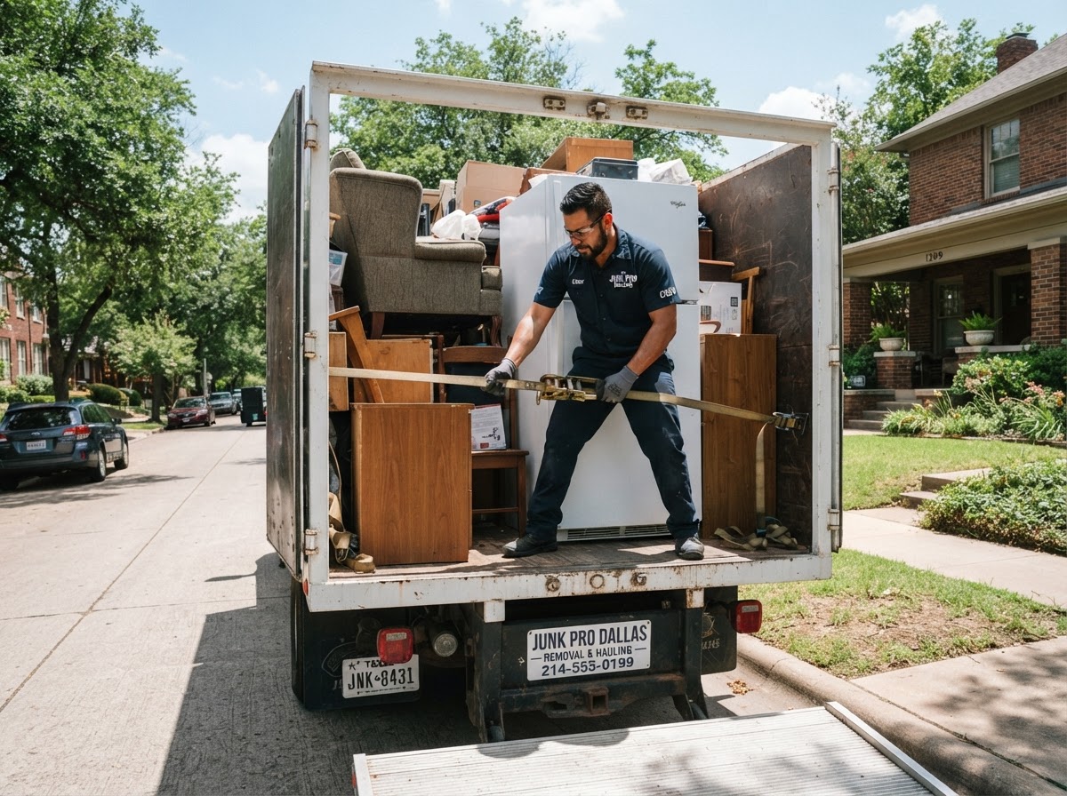 Crew loading appliances and furniture into truck on a Dallas street
