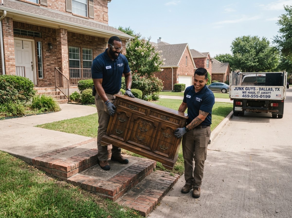 GPR crew carefully carrying a heavy vintage dresser down front steps of a Dallas home