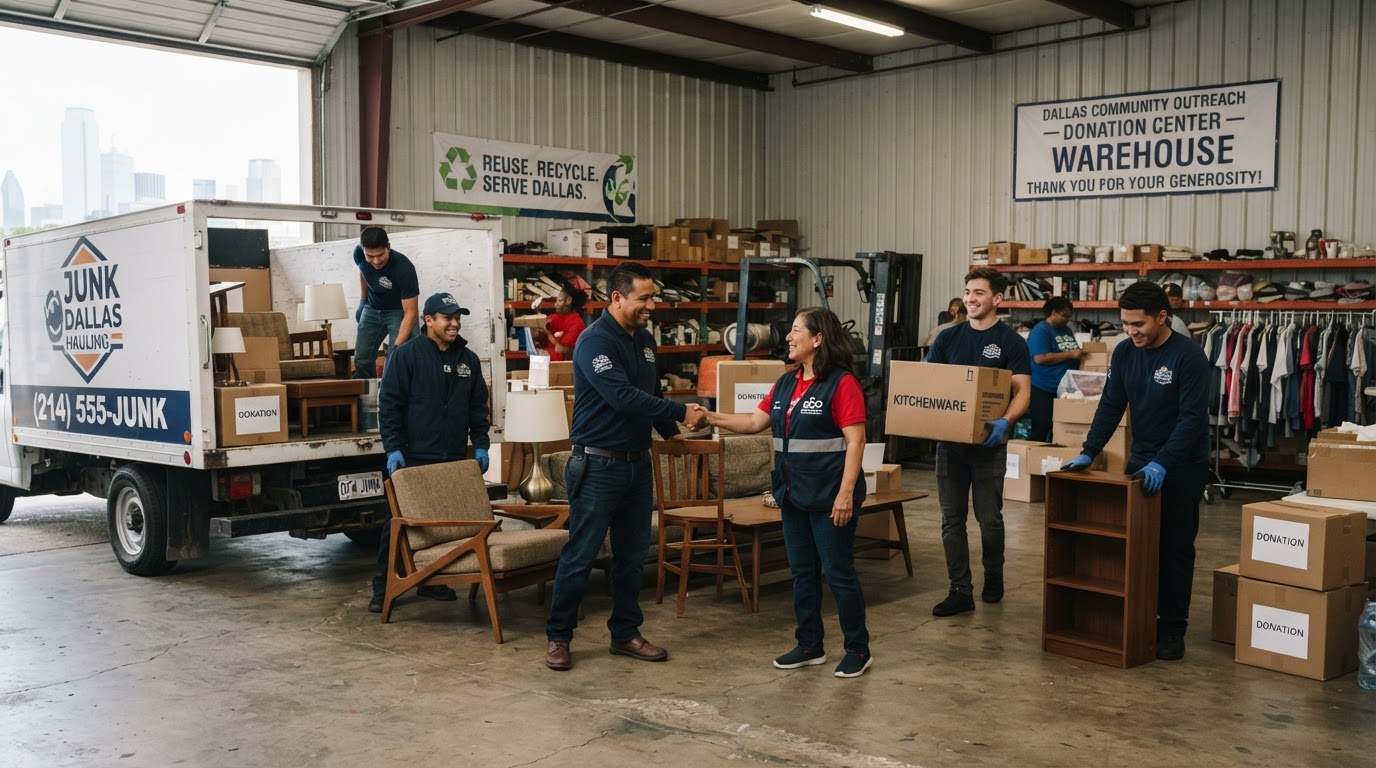 GPR junk removal crew donating furniture and household goods to a local Dallas charity donation center