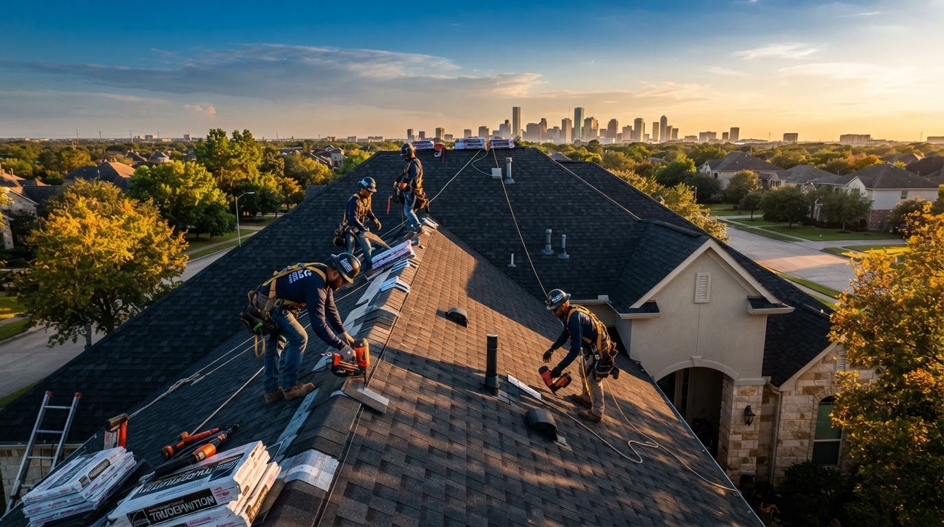 Ruff Roofing professionals installing Owens Corning shingles on a Texas home at golden hour