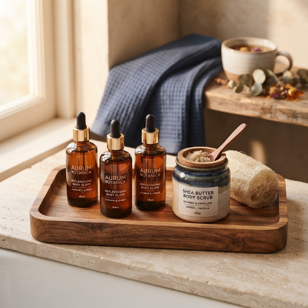 Body oils and scrub on a spa-style tray