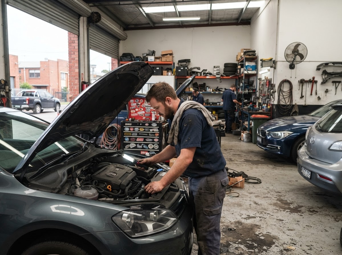 YK Group mechanic working under the bonnet on a European car at the Moorabbin workshop