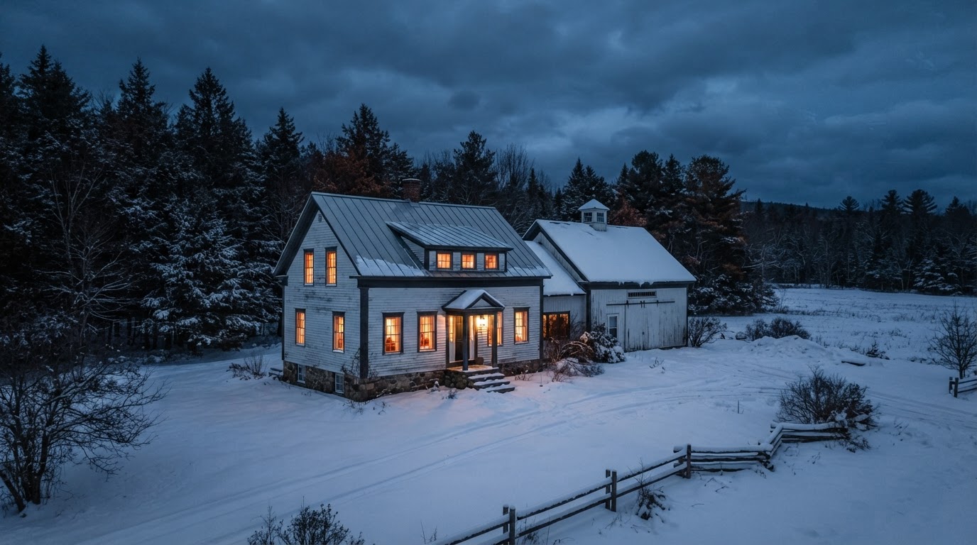 A Northeast Kingdom farmhouse at dusk with warm light in the windows