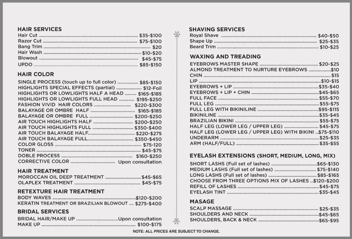Any Cuts in Park Slope full price list of services