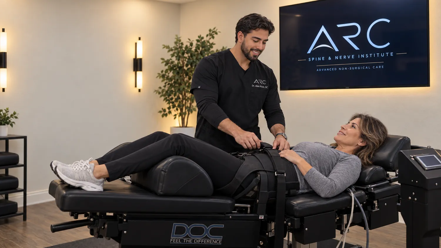 Dr. Alex Ruiz treating a patient on the spinal decompression table at ARC Spine & Nerve Institute