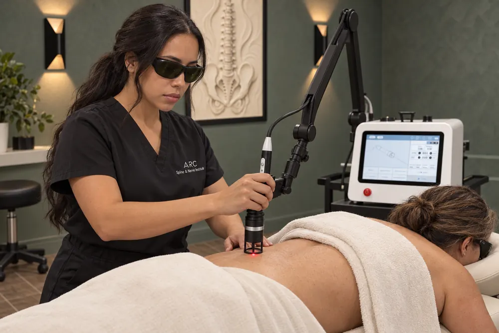 A provider in laser safety glasses applying a Class IV laser to a patient’s back