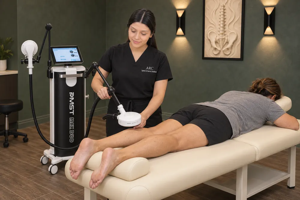 A provider using a standing coil therapy unit on a patient