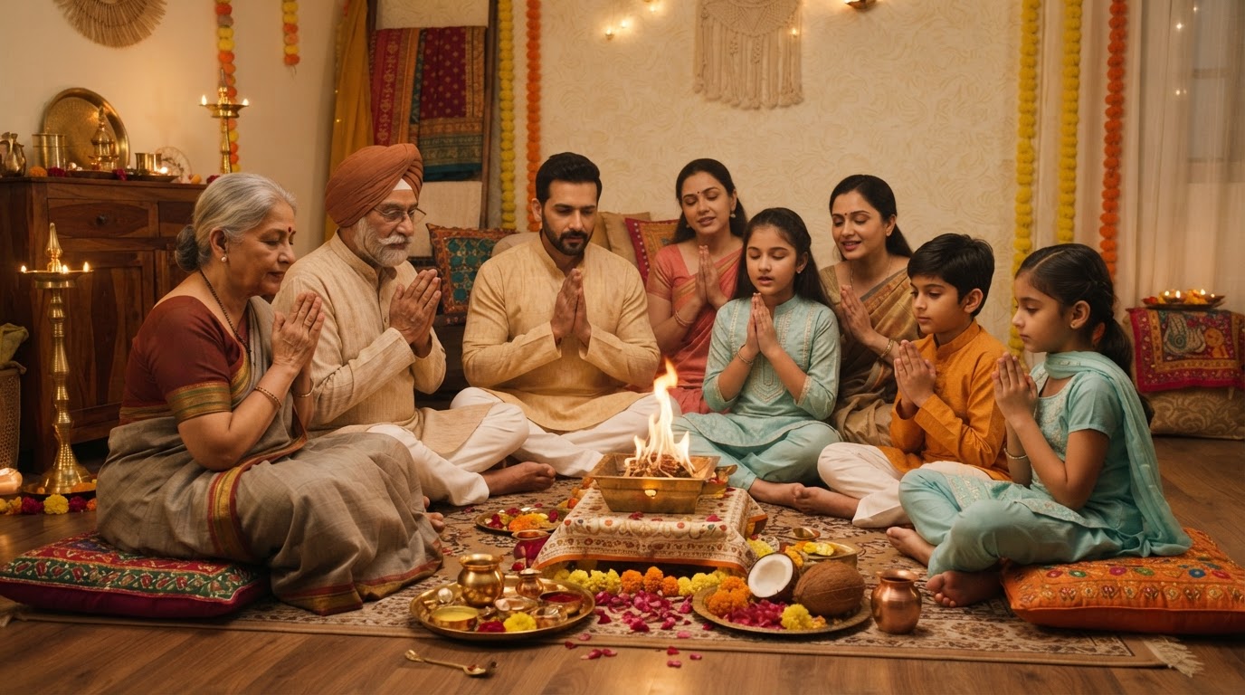 A multigenerational family gathered in a home around a small sacred fire, reciting Havan mantras together.