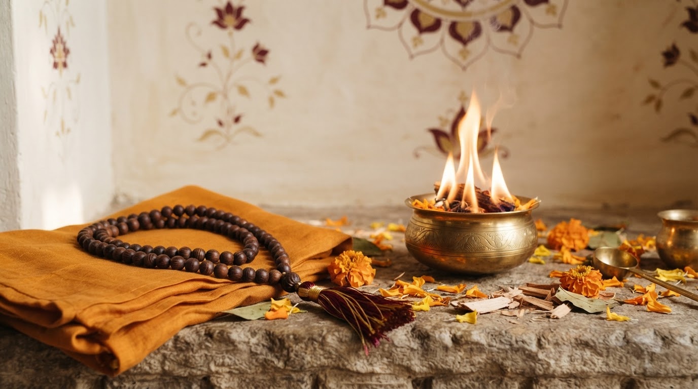 A string of 108 wooden prayer beads (mala) draped beside a small glowing sacred fire in a brass Havan Kund, with marigold petals scattered around, on a warm ivory background.