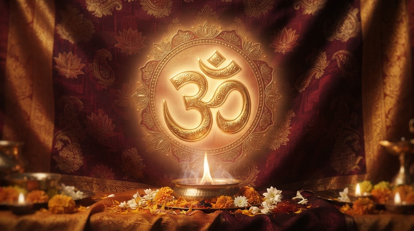 A glowing golden Om symbol radiating warm light against a deep maroon and saffron background with subtle Vedic floral patterns.