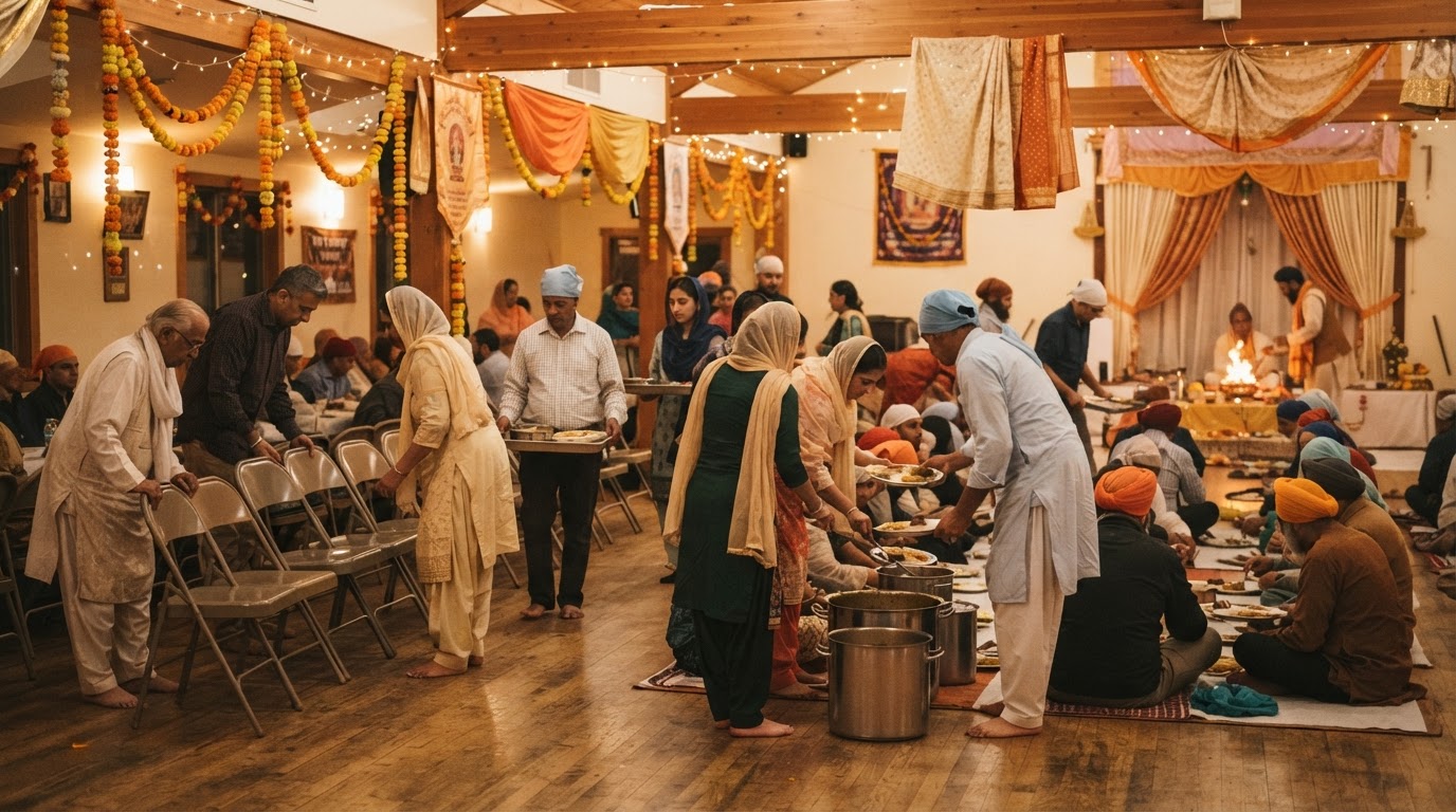 Volunteers of different ages setting up and serving a community meal together.