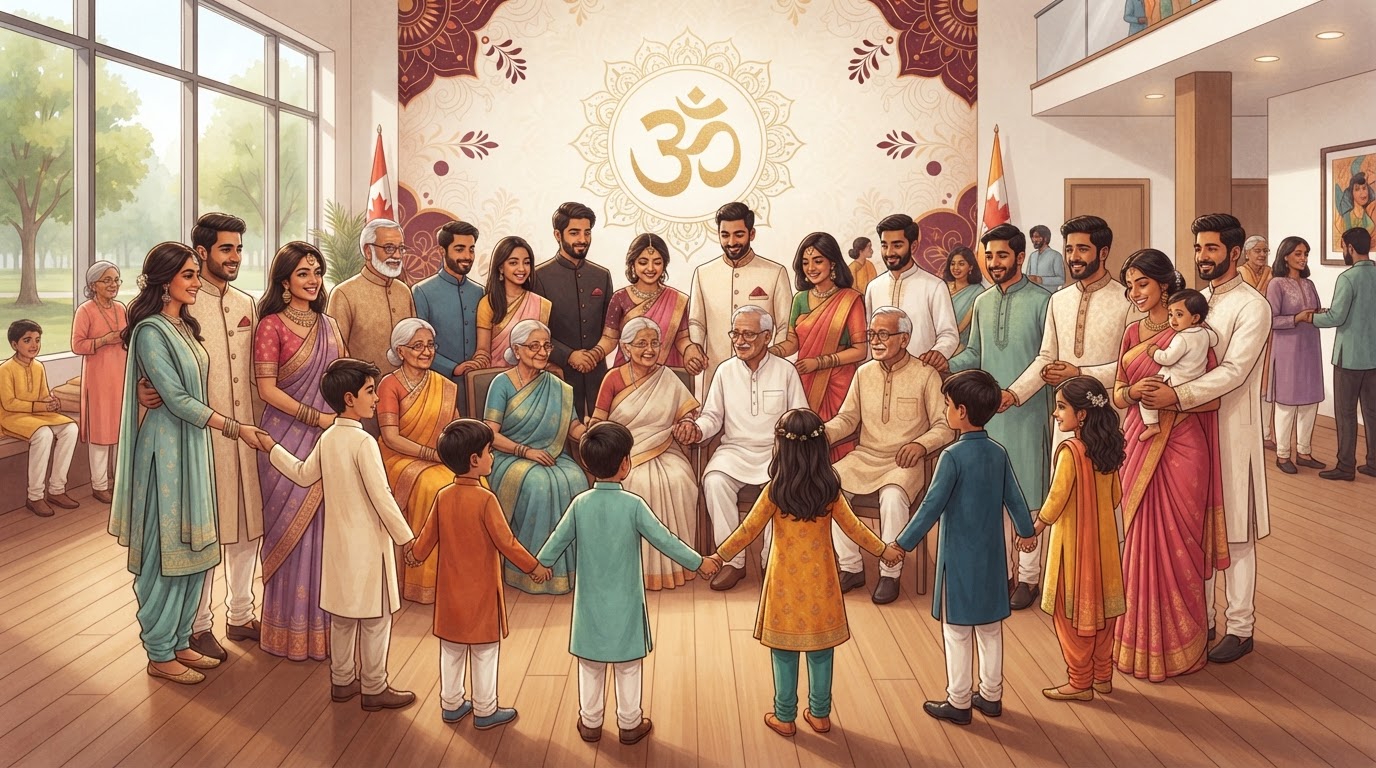 A diverse community of South Asian Canadian families of different ages gathered together in a bright community hall, hands joined in a circle of unity and harmony, with a subtle golden Om symbol and warm Vedic floral patterns in maroon, saffron, and ivory tones.