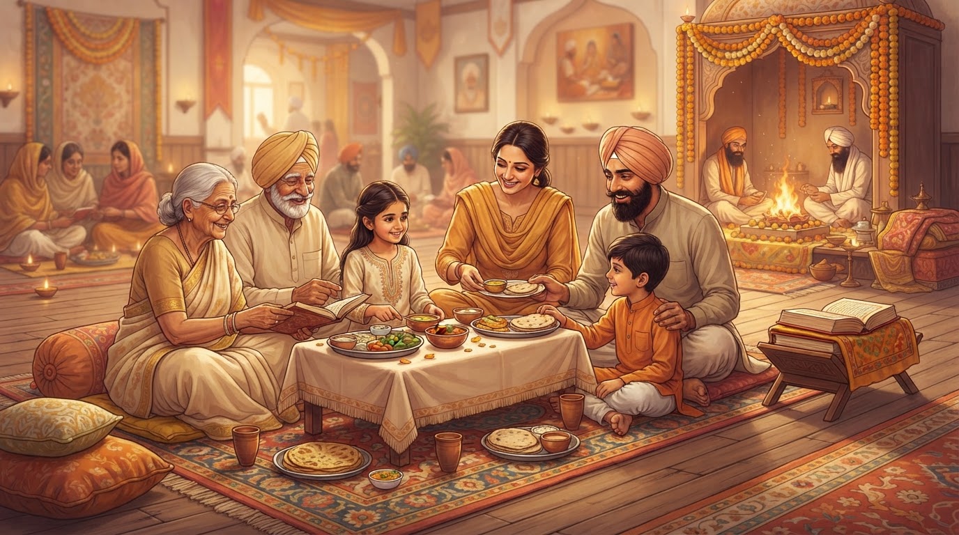 A multigenerational family sharing a meal and learning together in a community hall.