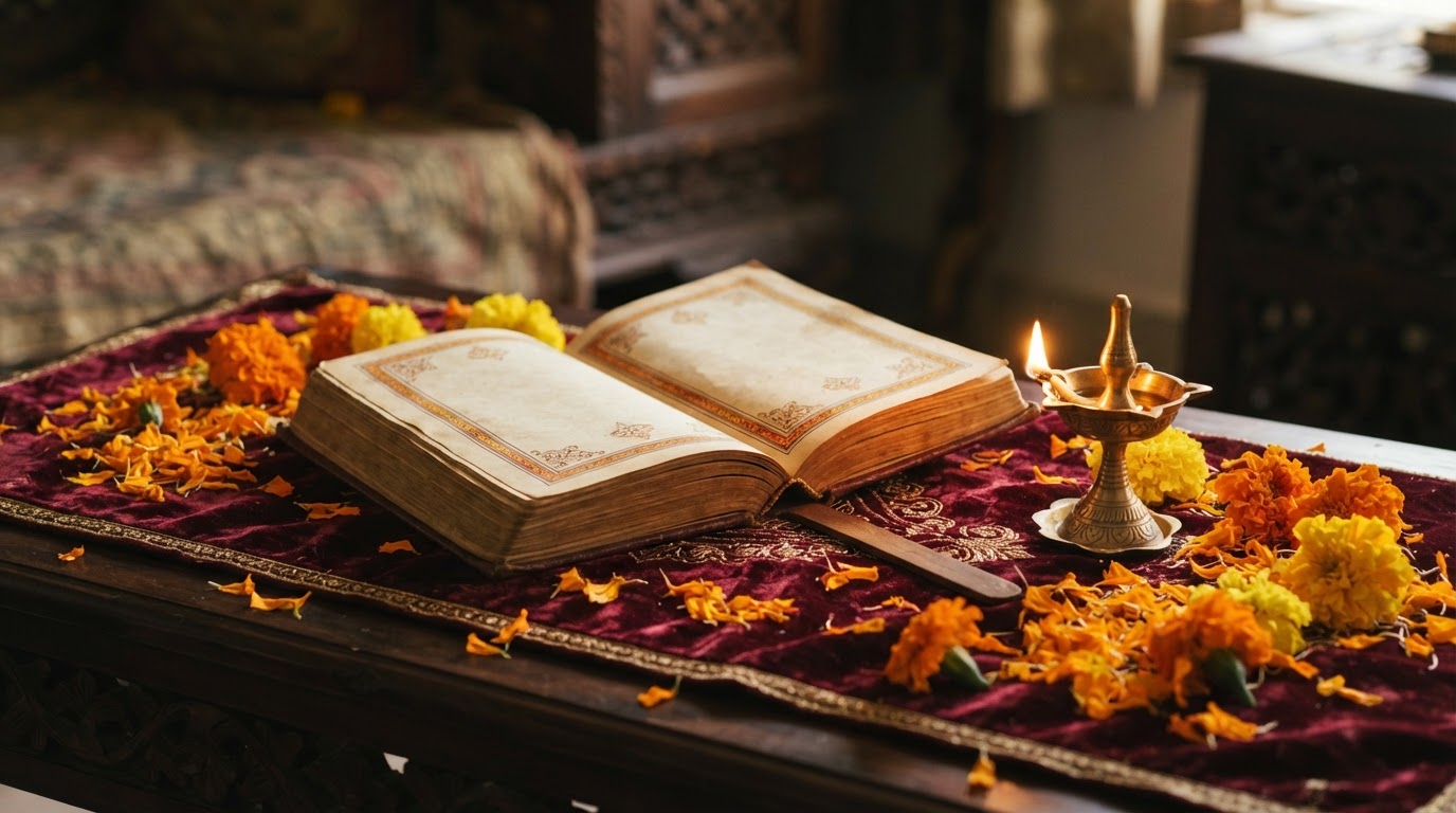 An open scripture book with a small brass lamp glowing beside marigold petals.