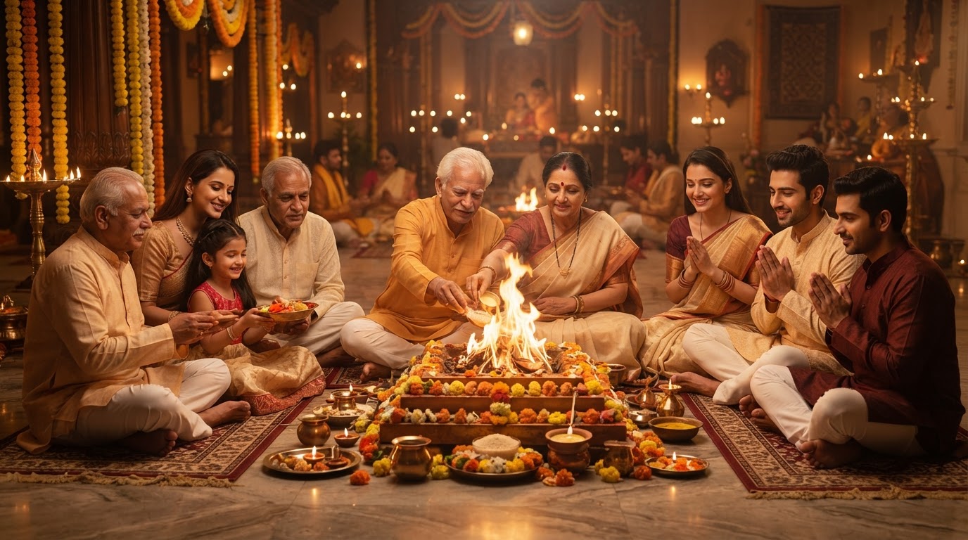 A multigenerational family and community members gathered around a glowing sacred fire during a Havan ceremony.