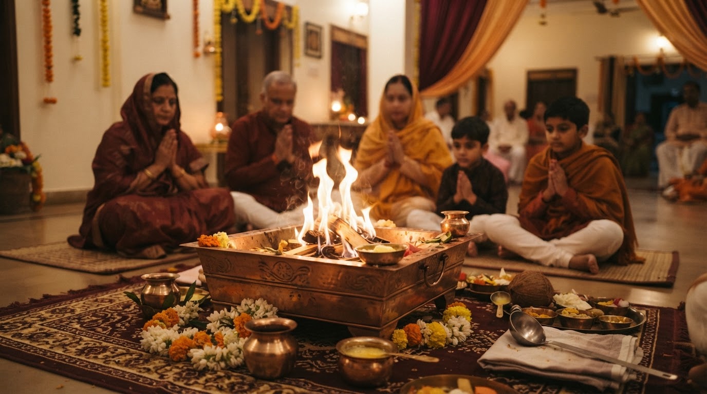 A sacred fire glowing in a community prayer hall during a Havan ceremony.