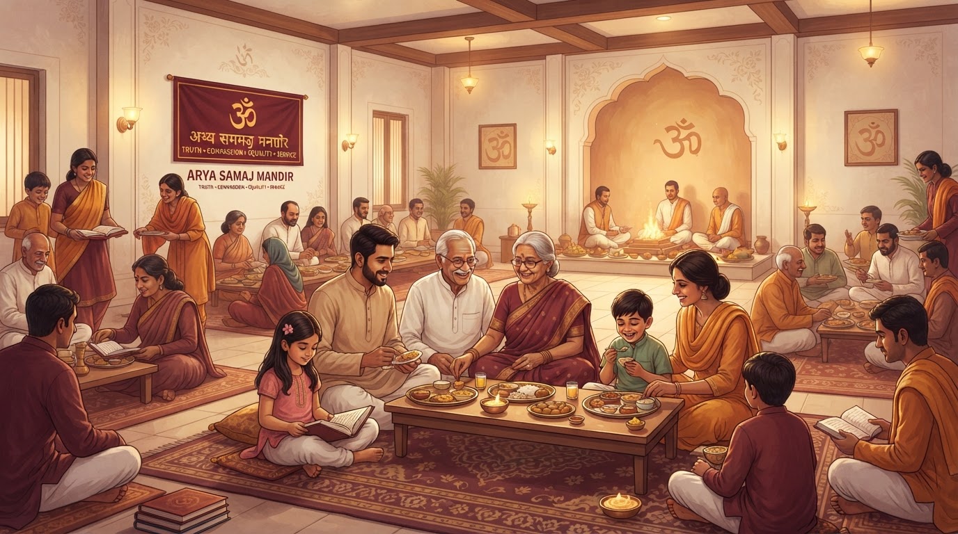 A warm, multigenerational Indian family and community congregation gathered in a softly lit prayer hall, sharing a meal and conversation with a small sacred Havan fire glowing gently in the background, portraying Arya Samaj values of truth, compassion, equality, and service.