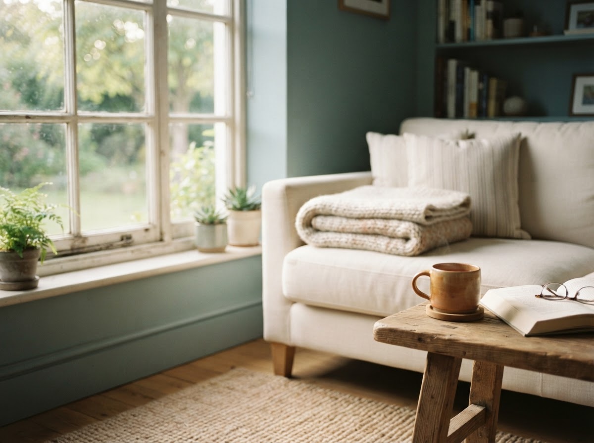 Soft morning light through a quiet living room window