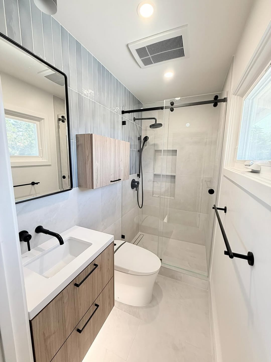 ProPeak Remodeling Contemporary Walk-In Shower and Wood Vanity Remodel