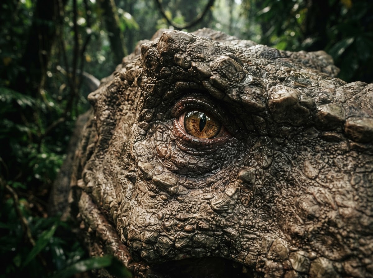 Extreme close-up of textured dinosaur skin and eye