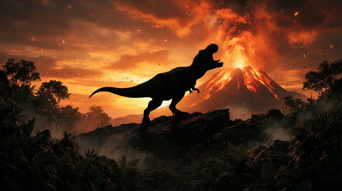 Tyrannosaurus Rex roaring against a volcanic sunset
