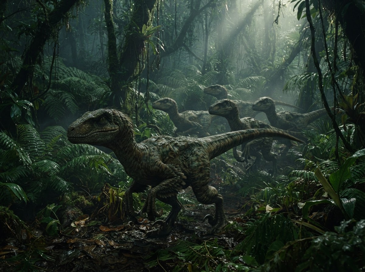 Velociraptors prowling through dense jungle