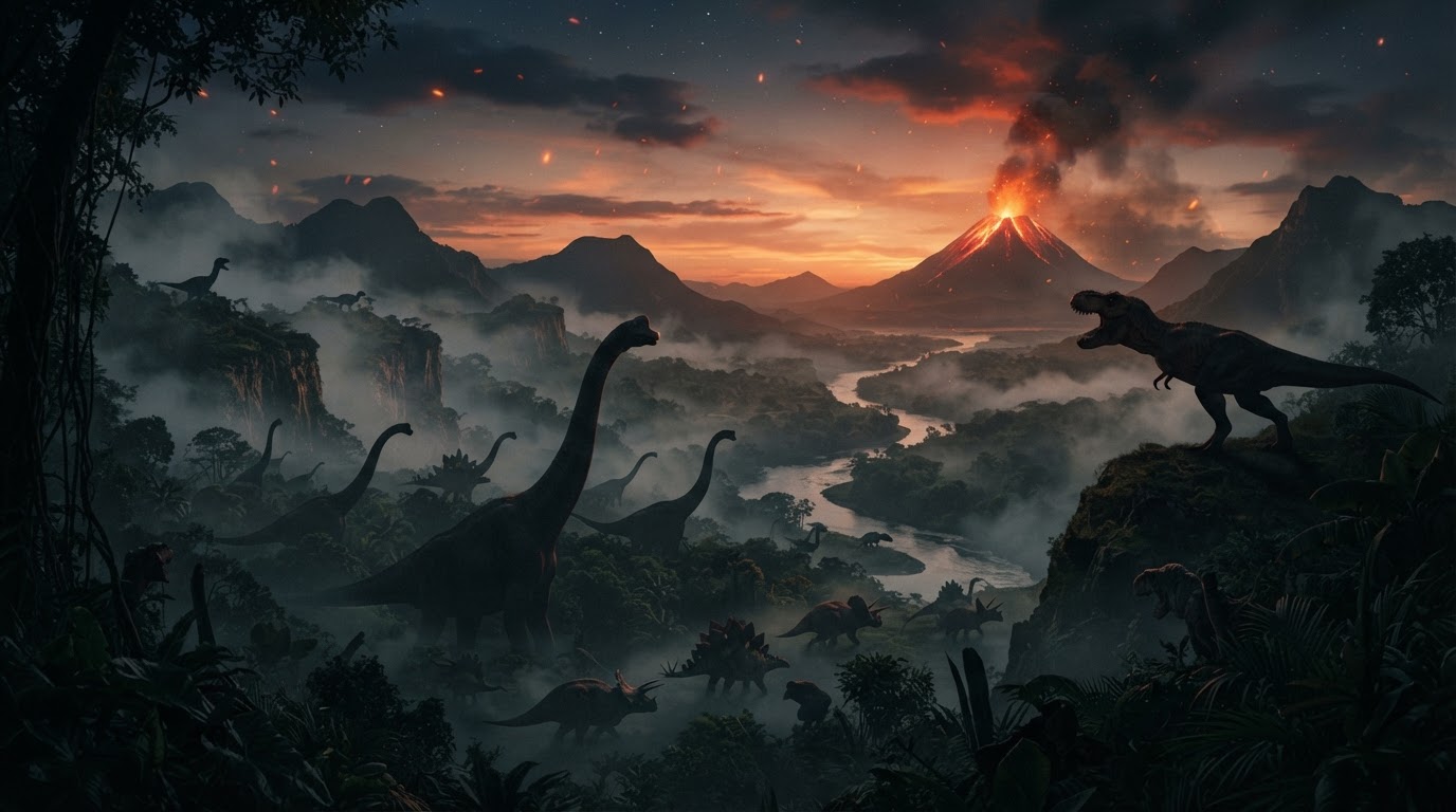 A prehistoric jungle valley with dinosaurs and volcanic glow