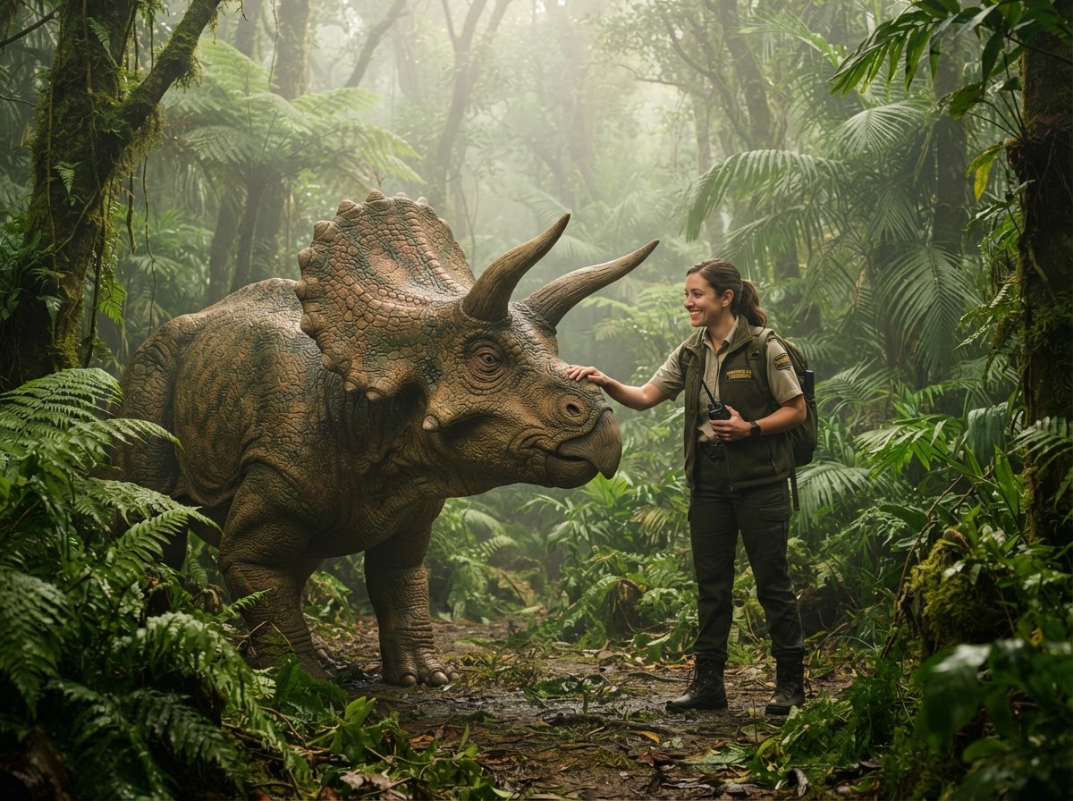 Triceratops with a ranger in a misty jungle clearing