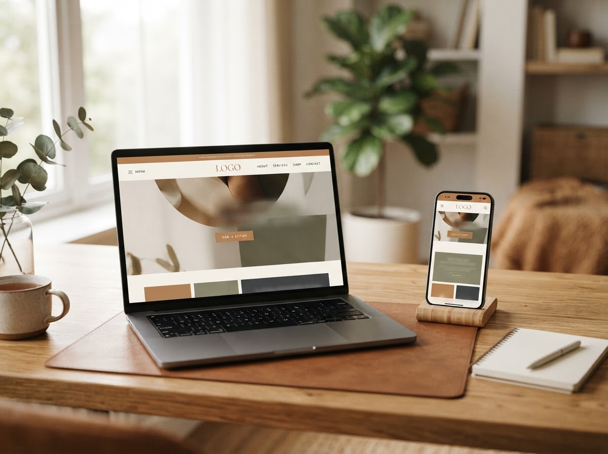 A modern small-business website shown on a laptop and phone