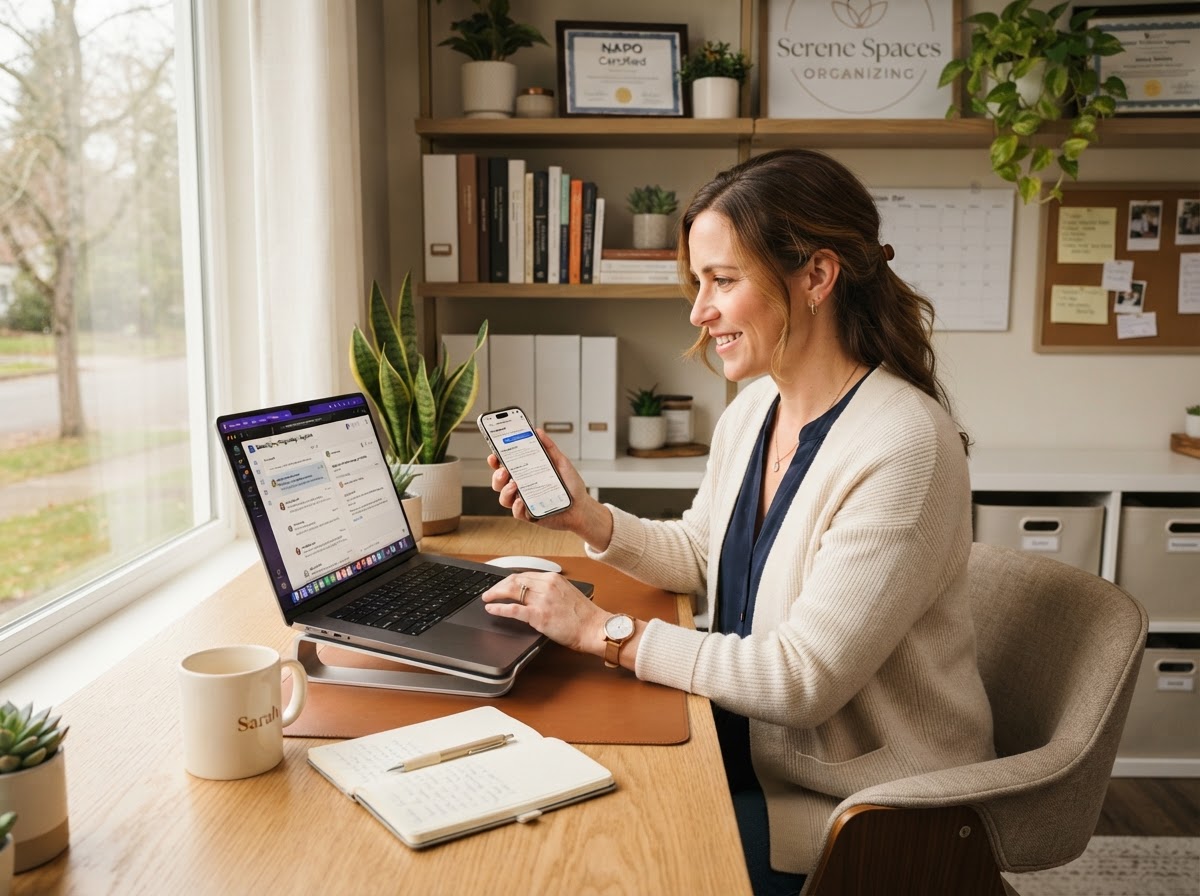 A small-business owner reviewing customer inquiries on a laptop and phone
