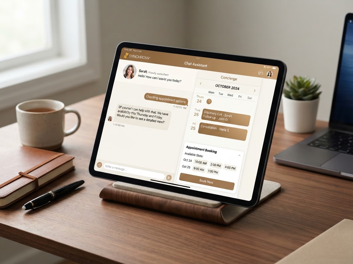 A website chat assistant and appointment booking shown on a tablet