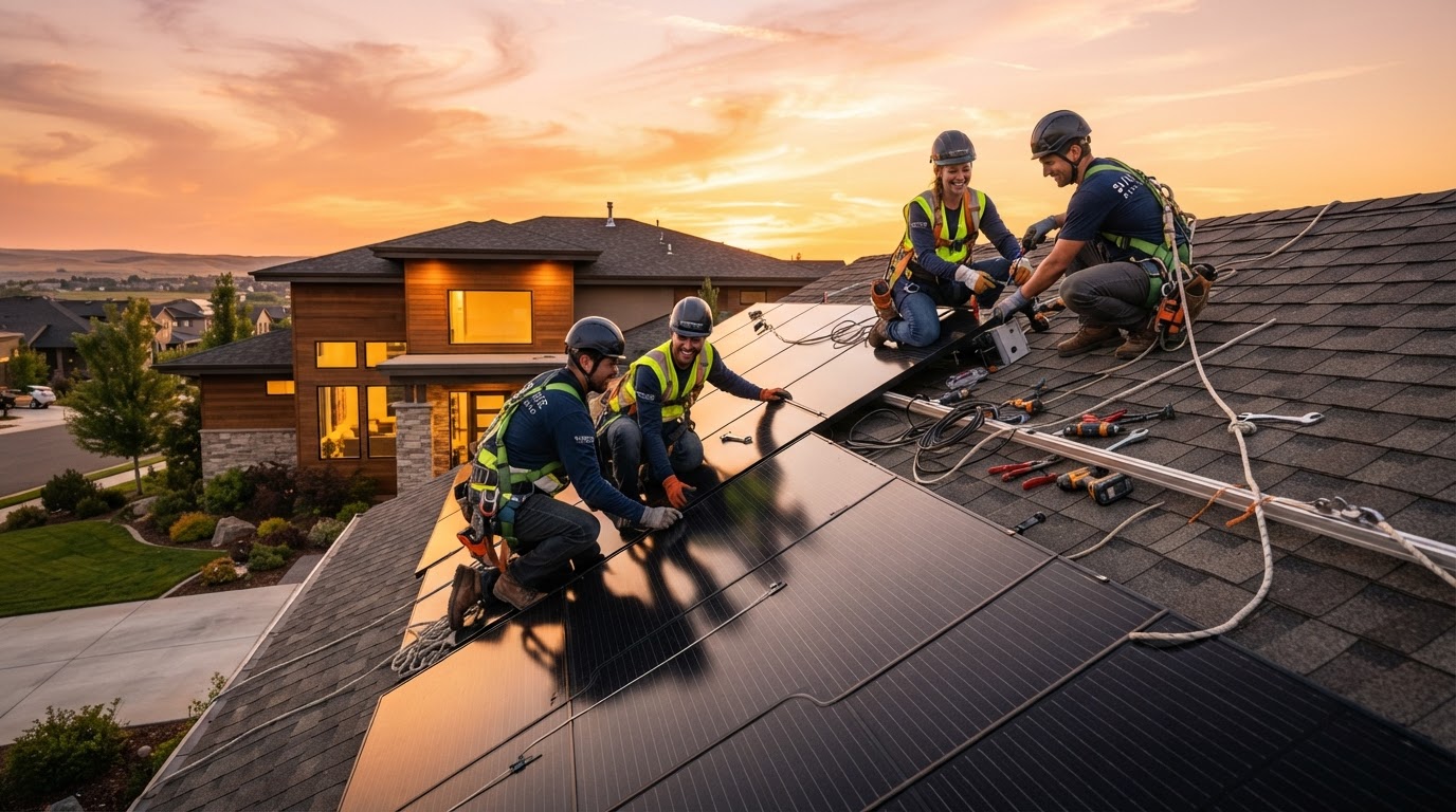 Solar installation crew at golden hour