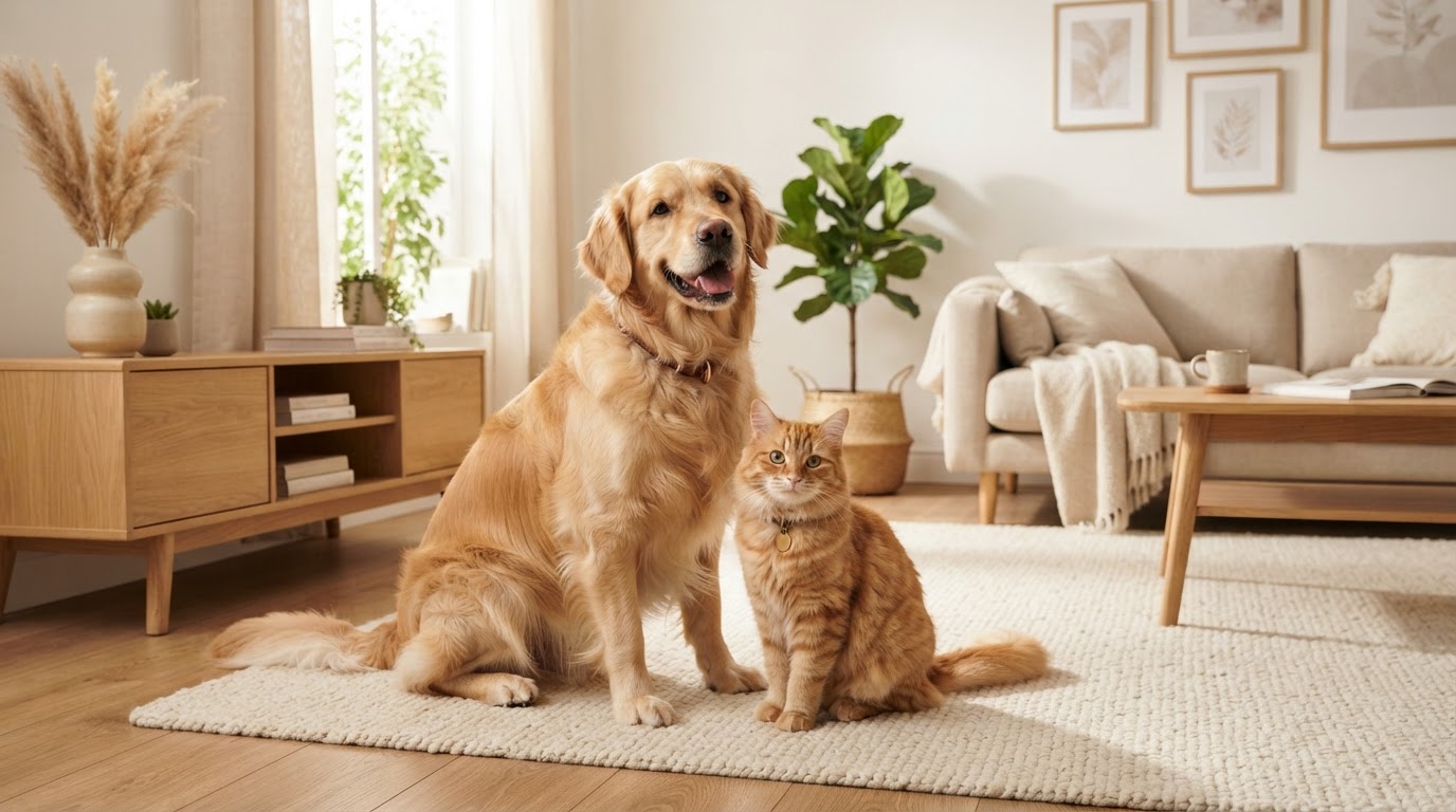 Perro y gato felices juntos en un hogar cálido
