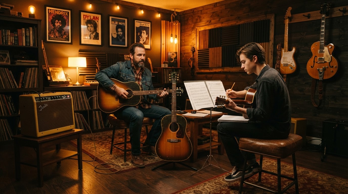 A warm, amber-lit guitar lesson studio