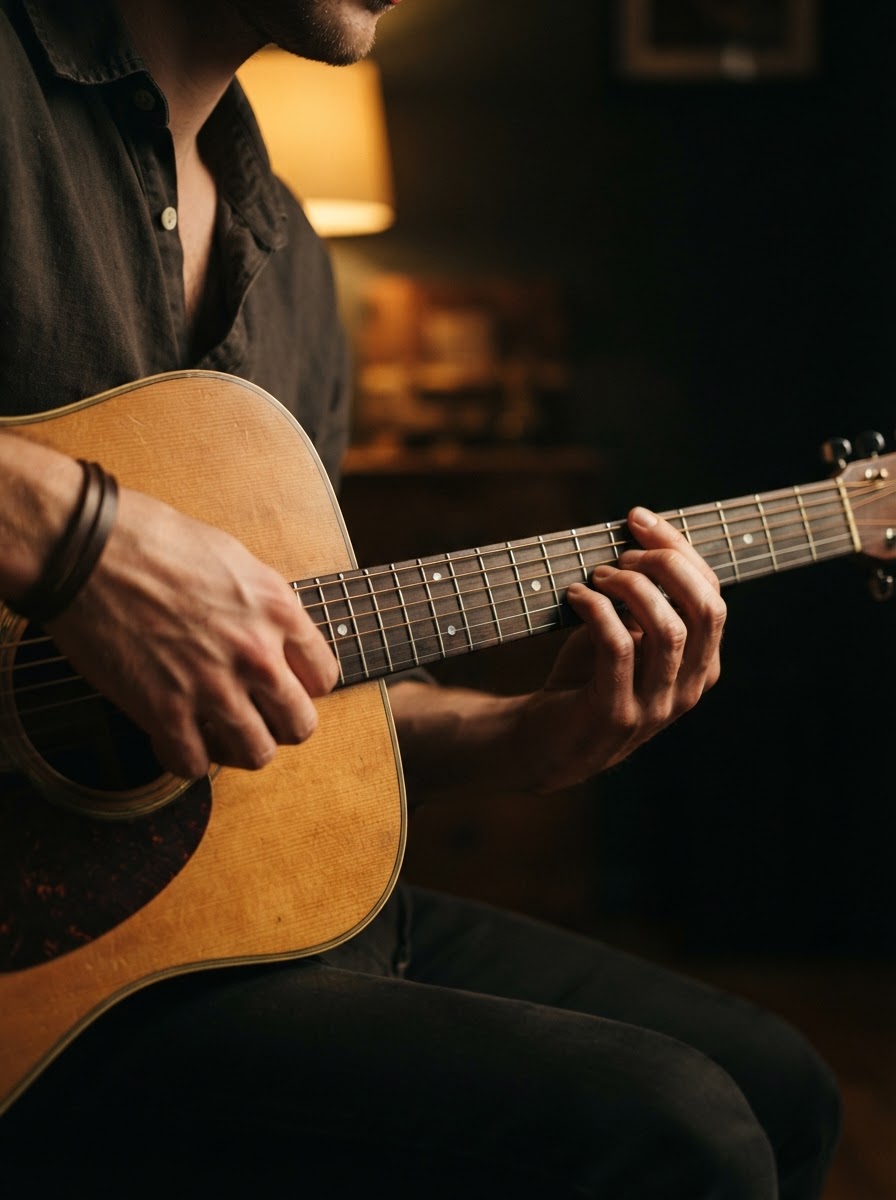 Close-up of hands playing an acoustic guitar fretboard in warm light
