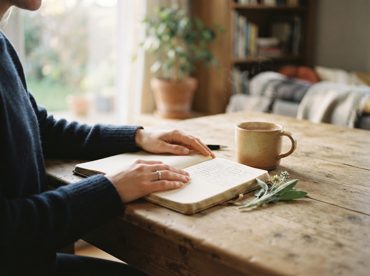 Soft morning light on a worn wooden table holding an open book, a warm mug, and a sprig of greenery.