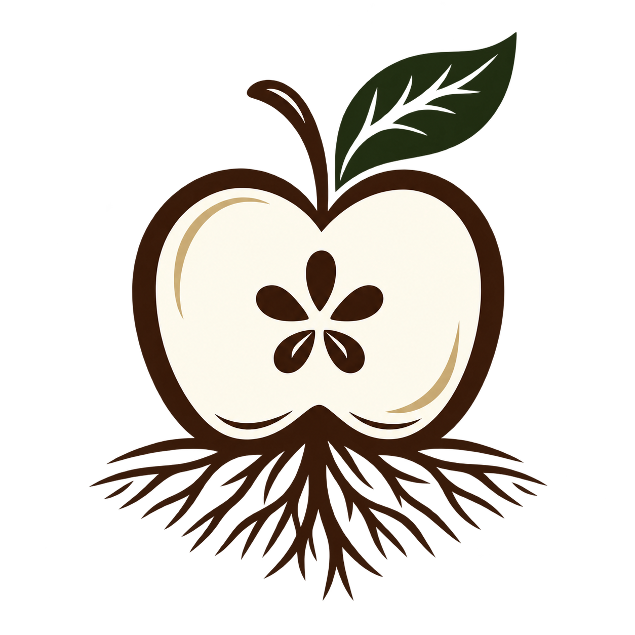 The Living Garden Framework™ rooted-apple emblem with deep brown roots