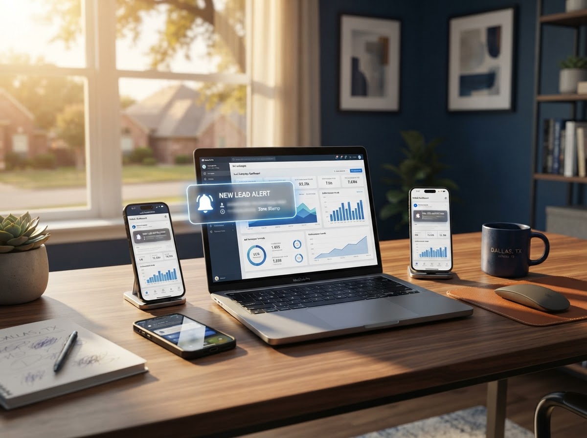 Phone and laptop showing local ad campaigns with lead notifications popping in