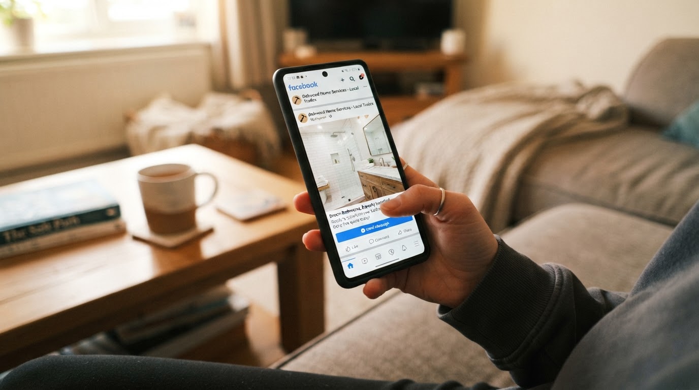 A person scrolling through their Facebook and Instagram feed on their phone, with a local trades business brand awareness ad appearing as a sponsored post showing real job photos