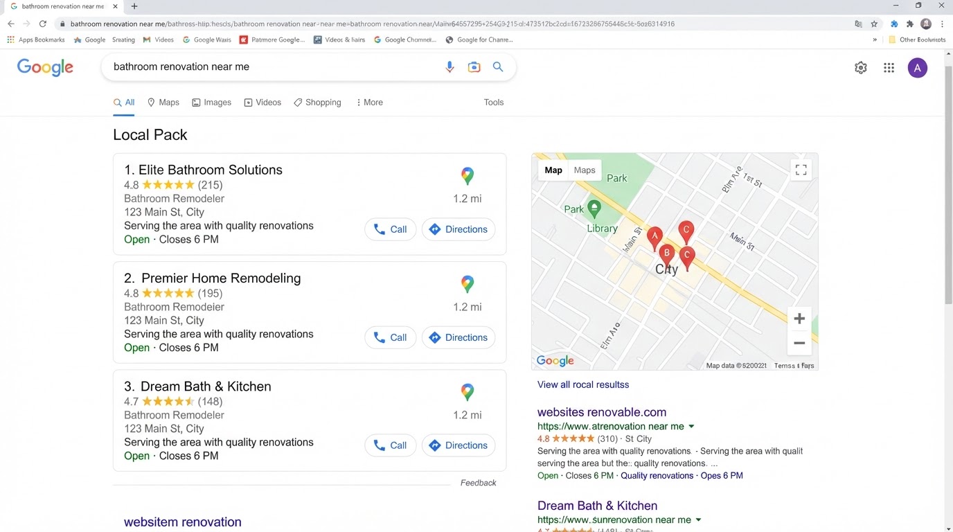 Illustration of the Google Map Pack — the 3 business boxes that appear at the top of Google search results with a small map showing location pins