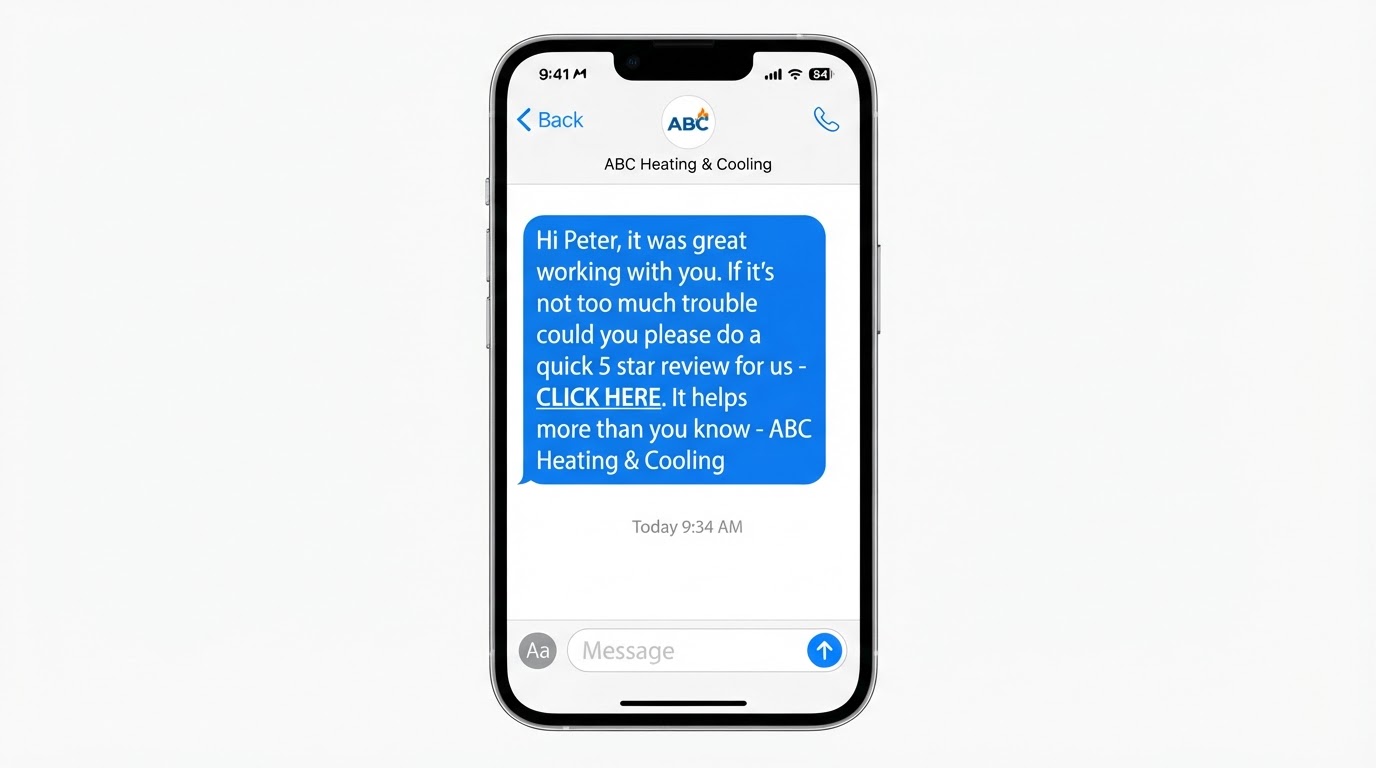 Text message sent to a customer after a job asking for a 5-star review, from ABC Heating & Cooling